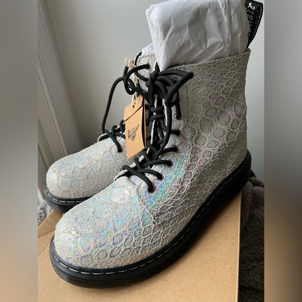 Iridescent silver and white metallic  suede Dr. Martens 1460 Pascal Boots